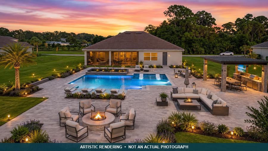 Artistic rendering showing a possible future pool and outdoor living area in the backyard. This is not an actual photograph and no pool exists on the property today.